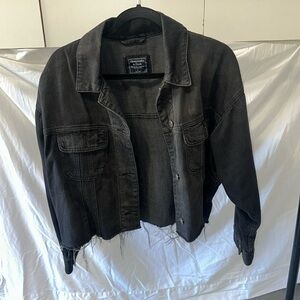 Abercrombie & Fitch Black Cropped Raw Edge / Distressed Jean Jacket